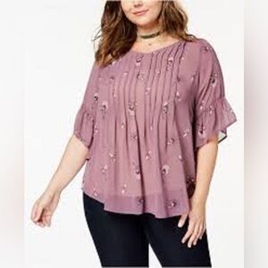 Style & Co Sheer Mauve Pintuck Floral Blouse, Plus Size 1X